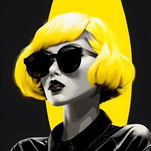 en illustration av en tjej som bär gula solglasögon med hår i ansiktet och med öron, i stil med film noir estetik 1