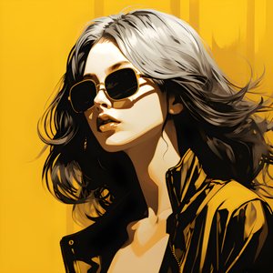 en illustration av en tjej som bär gula solglasögon med hår i ansiktet och med öron, i stil med film noir aesthetic 2