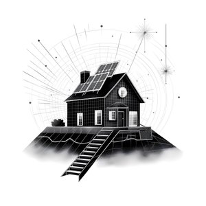 en illustration av ett hus med solpaneler, med en stor pil bakom som pekar åt höger och uppåt 3