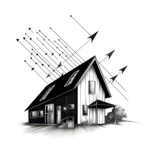 en illustration av ett hus med solpaneler på, med en stor pil bakom som pekar åt höger och uppåt 4