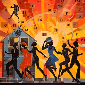 färgglada människor som dansar i ett solbelyst område och dansar med stjärnor och solar 4