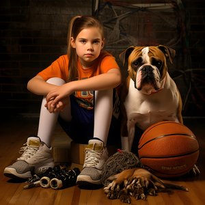 En 10-årig tjej sitter på golvet och väntar med sin hund och håller i en mapp med bilden 3