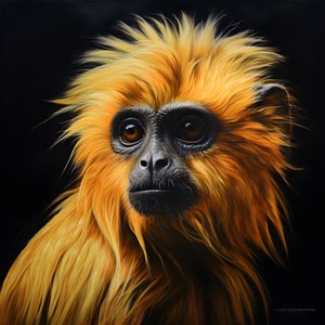 en målning av ansiktet på en gyllene langur med svart bakgrund 4