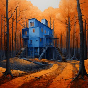 ett blått hus i en orange skog 1