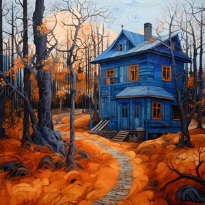 ett blått hus i en orange skog 4