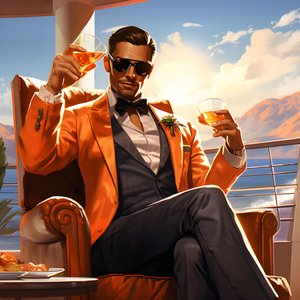 en rik man, välklädd, sitter på ett privat kryssningsfartyg och dricker en cocktail 1