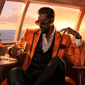 en rik man, välklädd, sitter på ett privat kryssningsfartyg och dricker en cocktail 2