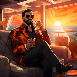 en rik man, välklädd, sitter på ett privat kryssningsfartyg och dricker en cocktail 3
