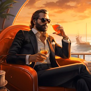 en rik man, välklädd, sitter på ett privat kryssningsfartyg och dricker en cocktail 4
