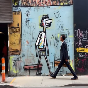 en målad figur vaknar till liv när han går på en gata i New York, surrealistiskt foto 1