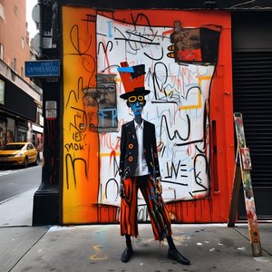 en målad figur vaknar till liv när han går på en gata i New York, surrealistiskt foto 4
