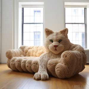 en enorm virkad katt i ett realistiskt vardagsrum 1