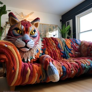 en enorm virkad katt i ett realistiskt vardagsrum 2