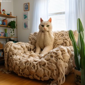 en enorm virkad katt i ett realistiskt vardagsrum 3