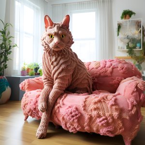 en enorm virkad katt i ett realistiskt vardagsrum 4