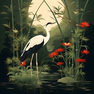 en vacker japansk illustration av en kran och bambu 1