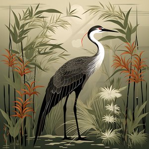 en vacker japansk illustration av en kran och bambu 3