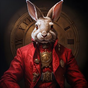 manlig antropomorf cybernetisk klocka punk android kanin, i röd klänning 3