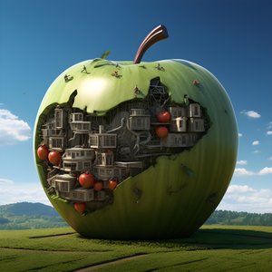 stort äpple på ett fält med många små fönster 2