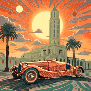 vackert, elegant, minimalistiskt, quiltat mästerverk i den konstnärliga stilen av Shepard Fairey::1 till minne av 1940 års Monaco Grand Prix, historiska racerbilar som tävlar mot varandra. 2