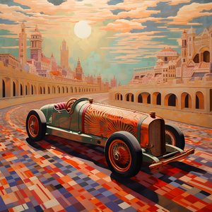 vackert, elegant, minimalistiskt, quiltat mästerverk i den konstnärliga stilen av Shepard Fairey::1 till minne av 1940 års Monaco Grand Prix, historiska racerbilar som tävlar mot varandra. 4