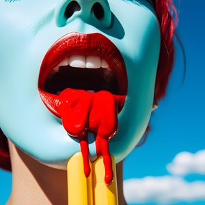 supernära en färgglad smältande popsicle bredvid en kvinnas mun 3