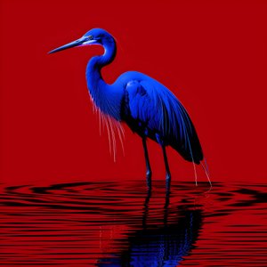 synthwave digital konstverk av en exotisk koboltblå häger på rött papper 2