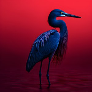 synthwave digital konstverk av en exotisk koboltblå häger på rött papper 3