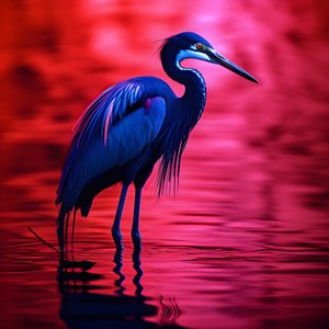 synthwave digital konstverk av en exotisk koboltblå häger på rött papper 4
