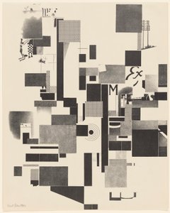 Utan titel, nr 2 av 6 från portfolion Merz 3. Kurt Schwitters 6 litografier. Merz mapp. Första portföljen av Merz förlag (Merz 3. Kurt Schwitters 6 lithos. Merz Portfolio. Första portföljen av Merz Publisher) av Kurt Schwitters
