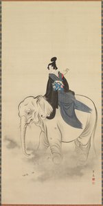 Courtesan Riding an Elephant Parodi på Bodhisattva Fugen, 1800-talet. av Kuwagata Keisai