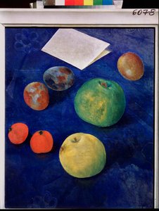 Frukter på en blå duk. Målning av Kuzma Sergeevich Petrov Vodkin (Petrov-Vodkin) (Kouzma Petrov Vodkin) (Petrov-Vodkin) (1878-1939), olja på duk av Kuzma Sergeevich Petrov-Vodkin