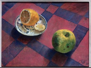 Äpple och citron. (Äpple och citron). Målning av Kuzma Sergeevich Petrov Vodkin (Petrov-Vodkin) (Kouzma Petrov Vodkin) (Petrov-Vodkin) (1878-1939), olja på duk av Kuzma Sergeevich Petrov-Vodkin
