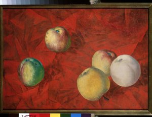 Äpplen på en röd bakgrund. (Äpplen på den röda bakgrunden). Målning av Kuzma Sergeyevich Petrov Vodkin (Petrov-Vodkin) (Kouzma Petrov Vodkin) (Petrov-Vodkin) (1878-1939), olja på duk av Kuzma Sergeevich Petrov-Vodkin