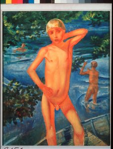 Pojkar badar. Målning av Kuzma Sergeevich Petrov Vodkin (Petrov-Vodkin) (Kouzma Petrov Vodkin) (Petrov-Vodkin) (1878-1939), olja på duk av Kuzma Sergeevich Petrov-Vodkin