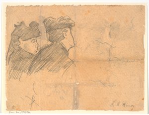 Profilstudie av två kvinnliga huvuden med hattar av Laurits Andersen Ring