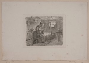 Bondgård med en stickande fru