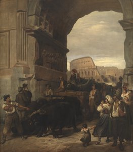 Romerska arbetare som transporterar en antik kejserlig staty från Colosseum genom Titusbågen till Capitoline-museerna
