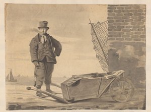 Rökande fiskare med skottkärra av L.F.H. Andrau