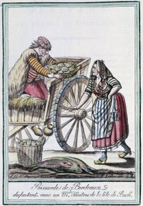 Poissarde de Bordeaux disputerar med en ostronhandlare från chefen för Buch - i "" Encyclopedia of travels"" av J. Grasset St Sauveur, Deron, Paris av L.F. Labrousse