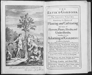 Frontispice till The Retird Gardener av George London och Henry Wise, graverad av Van der Gucht, 1706 (bw-foto) av L. Laguerre