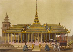 Kungen av Siam tilltalar hovmän i sin paviljong, skylt 69 från Le Costume Ancien et Moderne av Jules Ferrario, graverad av Gaetano Zancon (1771-1816) publicerad ca 1820-30-talet av L. Rossi