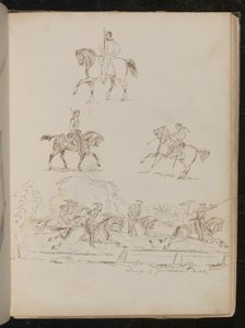Studier av soldater till häst, gruppscenen är inskriven "Charge of Garibaldian Cavalry" (penna och bläck)