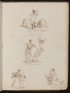 "Engelsk bonde", "en genuesisk bonde", studie av figurer på krogar inskrivna "Battista" och "Bile", plats och datum "20 juni" av Lady Butler