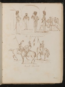 Studier av soldater inskrivna "Imperial Guards", soldater med flaggor på hästryggen inskrivna "French Lancers" av Lady Butler