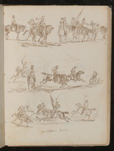 Tre studier av soldater på hästryggen inskrivna "Garibaldian Cavalry" av Lady Butler