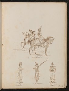 Två soldater till häst inskrivna "The Cert gardes", studier av artilleri- och infanterisoldater av Lady Butler