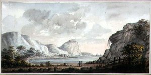 Landskap med två figurer med utsikt över en vik, ca 1825 (akvarell på papper) av Lady Egerton