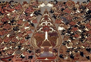 Målning i Wayang Beber-stil som är inspirerad av Theatre of Shadows (wayang kulit), Mangkunegaran Palace, Surakarta, Java, Indonesien