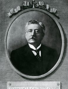 Porträtt av Temistocle Calzecchi Onesti (1853-1922), italiensk fysiker och uppfinnare, etsning efter fotografi